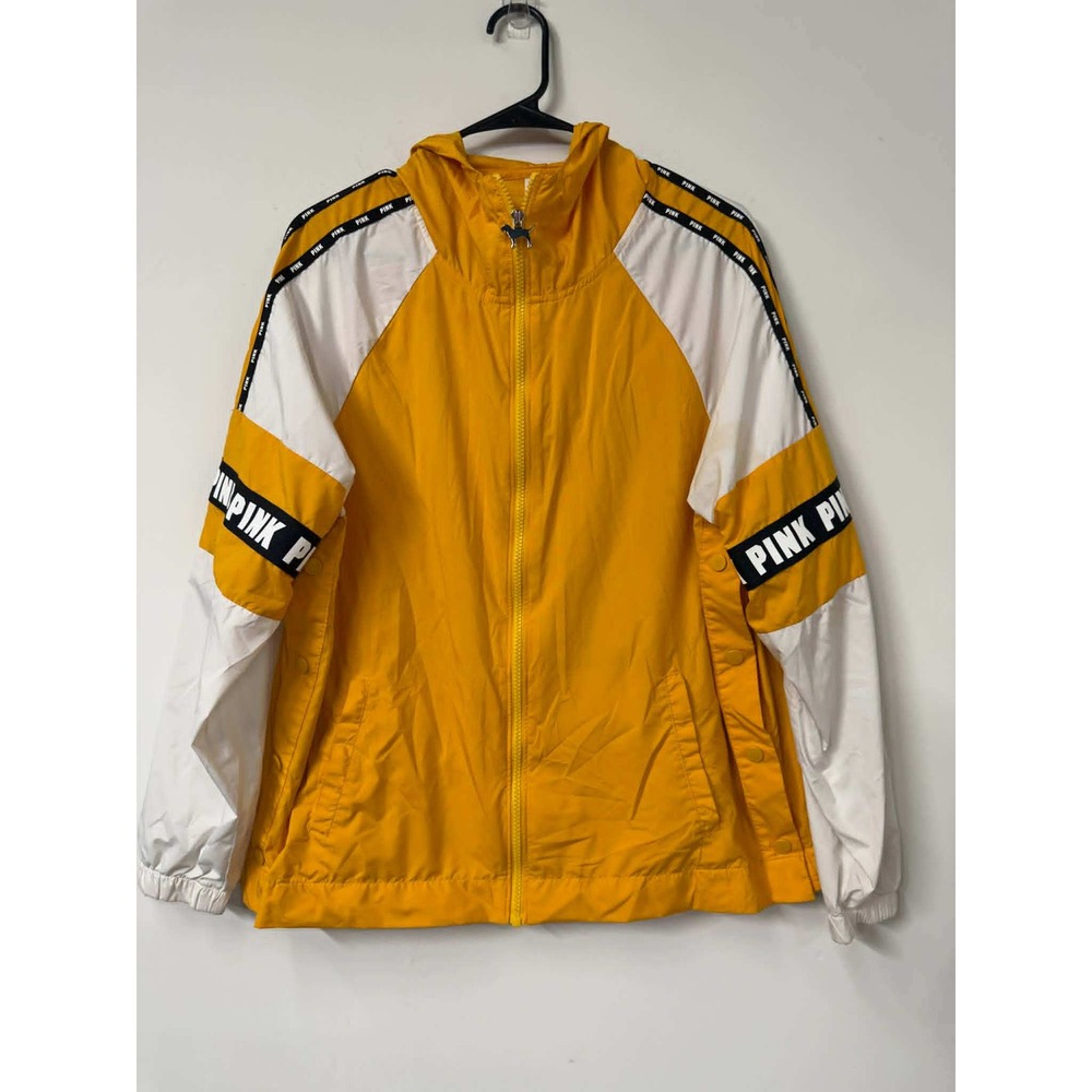 Victoria's Secret XS PINK Windbreaker Jacket Yellow White Logo Full Zip Hooded